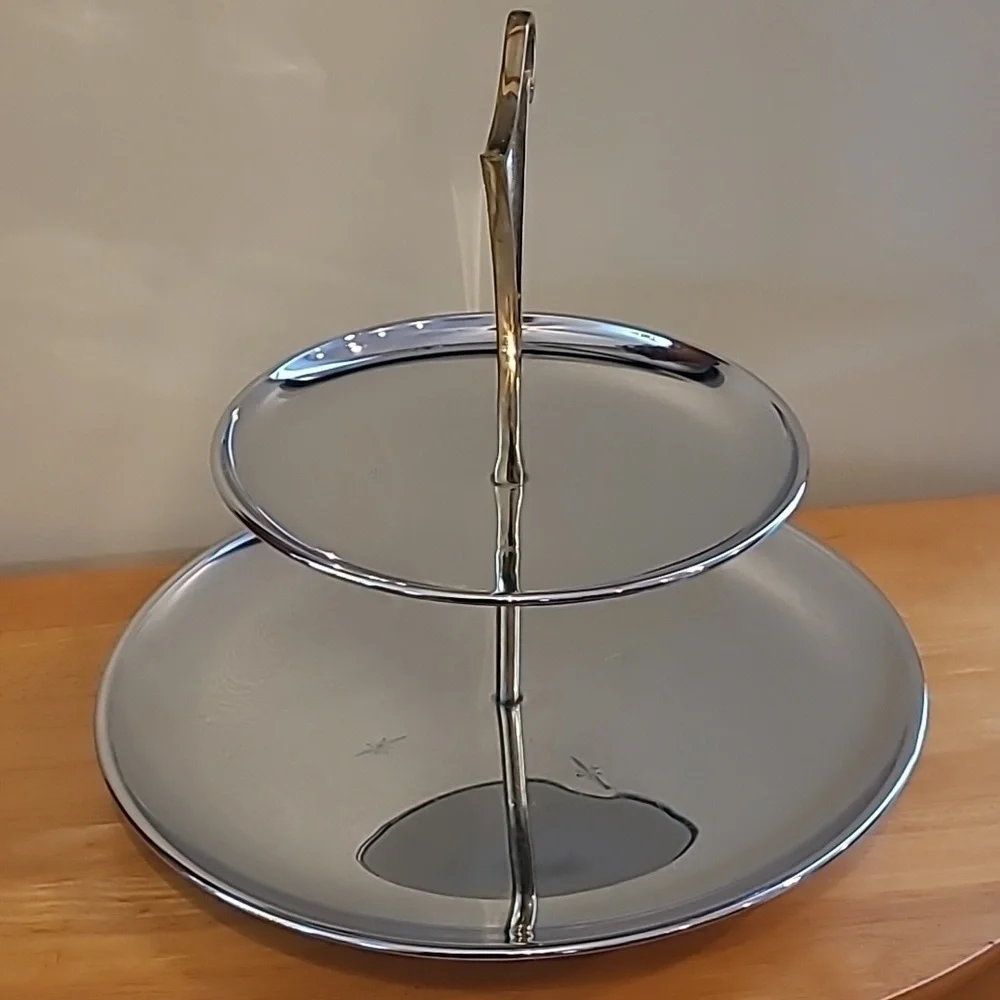RIVIERIA Atomic MCM Two Tiered Chromeware Tidbit Petit Fours Serving Tray - Picture 6 of 16